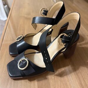 NWOT Alex Marie Black Leather Block Heels with Gold Buckles